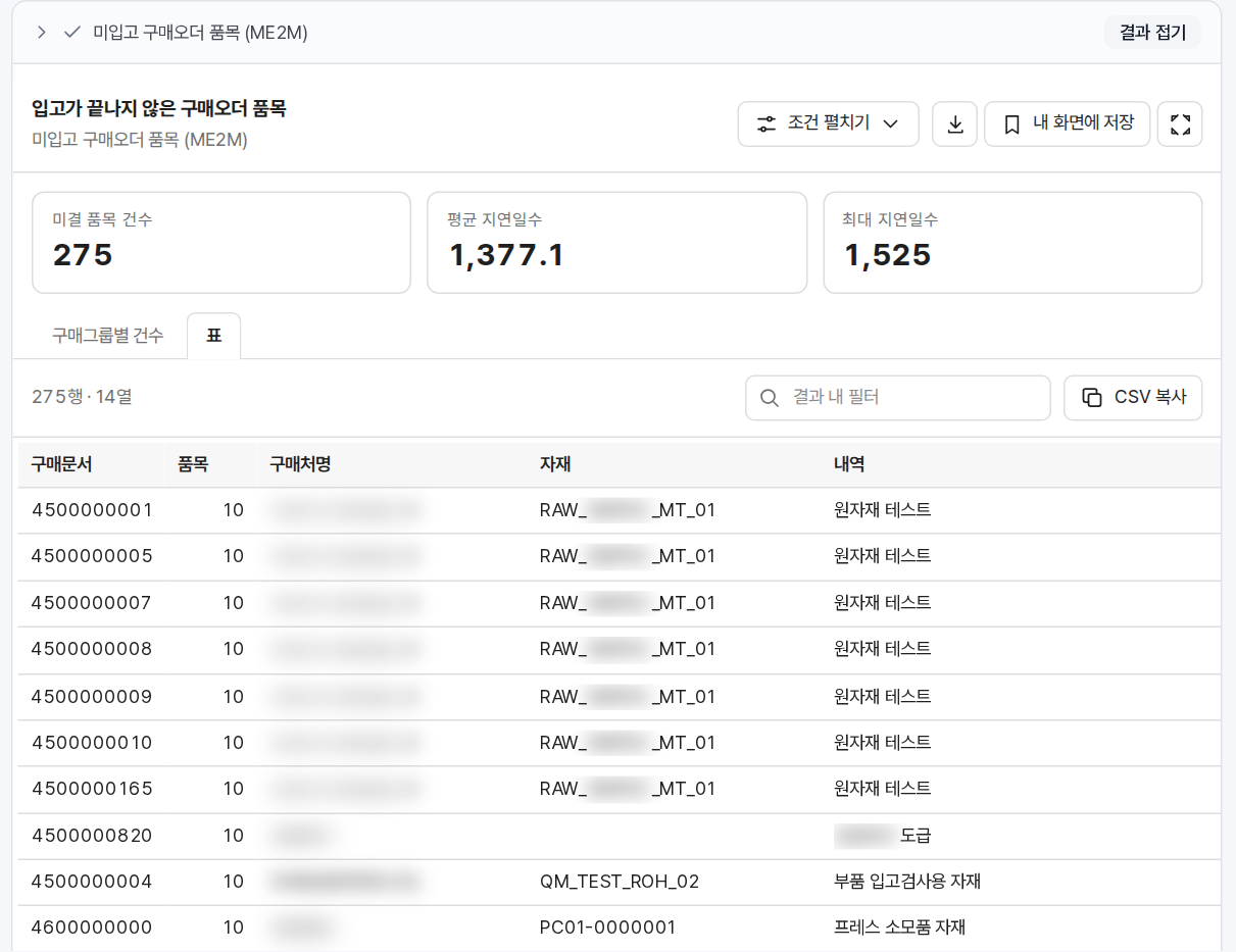 채팅 답변 안에 뜬 조회 화면 카드. 위에 건수·지연일수 타일, 아래에 275행짜리 결과 표