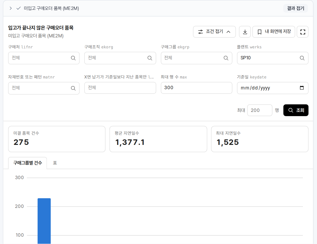 조회 화면의 조건을 펼친 상태. 구매처·구매조직·구매그룹·플랜트·자재·기준일 칸과 최대 행 수, 조회 버튼